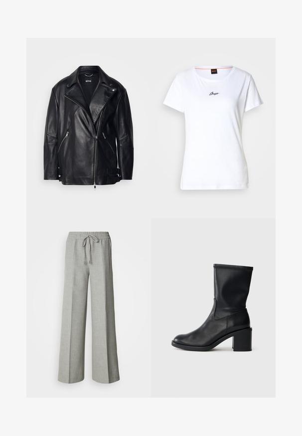 Zwart leren motorjack met een brede kraag, asymmetrische rits, zijzakken en gespdetails bij de manchetten. Glad textuur.; Wit katoenen T-shirt met korte mouwen en een ronde halslijn. Voorzien van een cursief zwart "Boss"-logo op de voorkant. Eenvoudig ontwerp.; Lichtgrijze wijde broek met elastische tailleband en trekkoord, voorzakken en een subtiele gestructureerde stof.; Zwarte leren enkellaars met een ronde neus, een gladde textuur en een chunky hak, met een strak schacht en subtiele stiksels.
