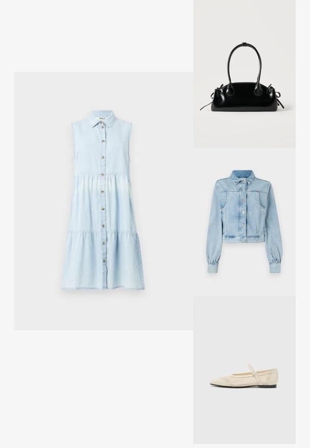 Lyseblå, cropped denimjakke med knaplukning foran, krave, to brystlommer og samlede ærmer. Blød tekstur og klassisk design.; Lyseblå denimkjole med krave, ærmeløs design, knaplukning foran og lagdelt skørt. Har en afslappet pasform og blød tekstur.; Beige balletflader med spids tå, mesh design overlay og en side spænde. Flad sål med en glat tekstur.; Lille sort blank håndtaske med to lange håndtag og snøre-detaljer i siden på en ensfarvet lys baggrund.