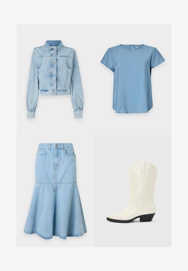 Lichtblauwe cropped denimjas met een knoopsluiting aan de voorkant, kraag, twee borstzakken en gathered mouwen. Zachte textuur en klassiek ontwerp.; Lichtblauw T-shirt met korte mouwen en een ronde hals, gemaakt van een gladde stof, met een subtiele glans en een keyhole sluiting aan de achterkant.; Lichtblauwe denim rok met een uitlopende onderkant, voorzien van een getailleerde taille, zakken en subtiele stikdetails.; Witte westernlaars tot halverwege de kuit met puntige neus, zwarte gestapelde hak, decoratieve stiknaden en een lus aan de schacht.