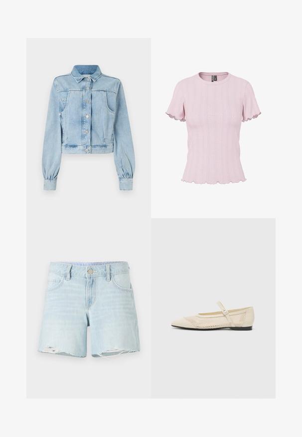 Hele sinine lühike denim-jakk nööbiga esiküljel, krae, kaks rinna taskut ja kogutud varrukad. Pehme tekstuur ja klassikaline disain.; Hele roosa soonikkoes lühikeste varrukatega kampsun, mille varrukatel ja hemil on sakilised servad, ümarlõikega kaelus ja peen vertikaalne muster.; Heled sinine teksashorts, millel on veidi kulunud serv, viie tasku kujundus ja nupukinnitus. Kergelt tuhm tekstuur kogu ulatuses.; Beesidised baleriinid terava ninaga, silmahaste disainiga ülevõime ja külgklambriga. Tasane tald sujuva tekstuuriga.