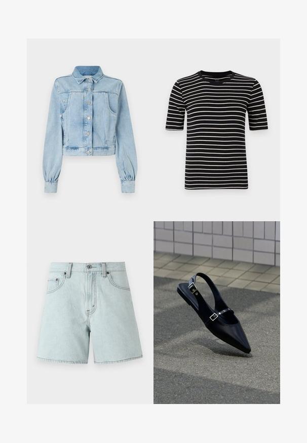 Lyseblå, cropped denimjakke med knaplukning foran, krave, to brystlommer og samlede ærmer. Blød tekstur og klassisk design.; T-shirt med sorte og hvide striber, korte ærmer, rund hals, lavet af blødt bomuldsstrik, med jævne striber og en standard pasform.; Lyseblå denimshorts med høj talje, der har to forlommer, en knaplukning og detaljer med sidesyning.; Sort flad slingback med spids tå og dobbelte spænder, hvilende på grå asfalt nær flisevæg.