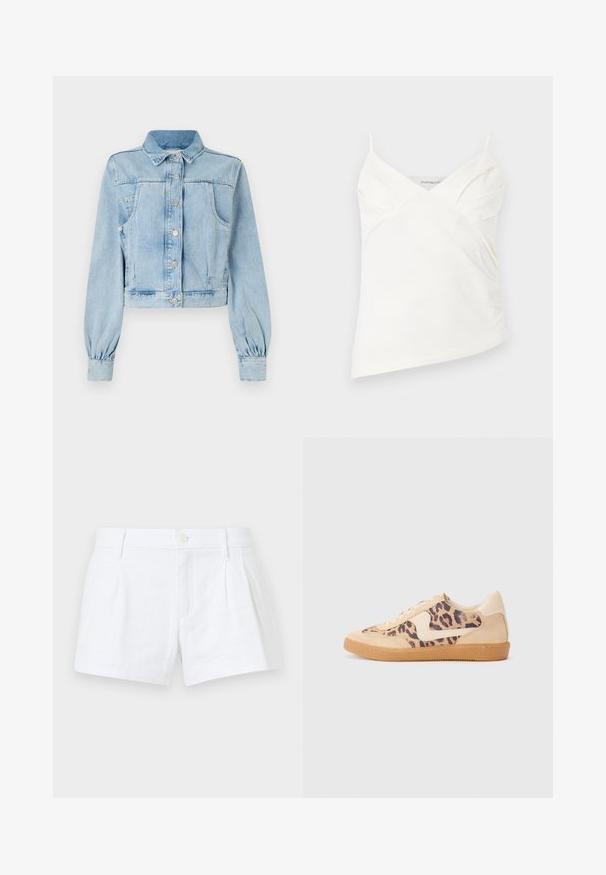 Helle blaue, taillierte Jeansjacke mit Knopfverschluss, Kragen, zwei Brusttaschen und gerafften Ärmeln. Weicher Stoff und klassisches Design.; Weißes asymmetrisches Camisole-Top mit dünnen Trägern und dezenten Raffungen am Bustier, vor einfarbigem Hintergrund dargestellt.; Weiße Leinen-Shorts mit Falten, Knopfverschluss und Seitentaschen. Besitzt einen taillierten Schnitt und eine glatte Textur.; Löwenmuster-Sneaker mit beige Wildleder-Obermaterial, tanfarbener Gummisohle und weißen Akzenten. Runde Zehenform und Schnürdesign mit strukturiertem Finish.