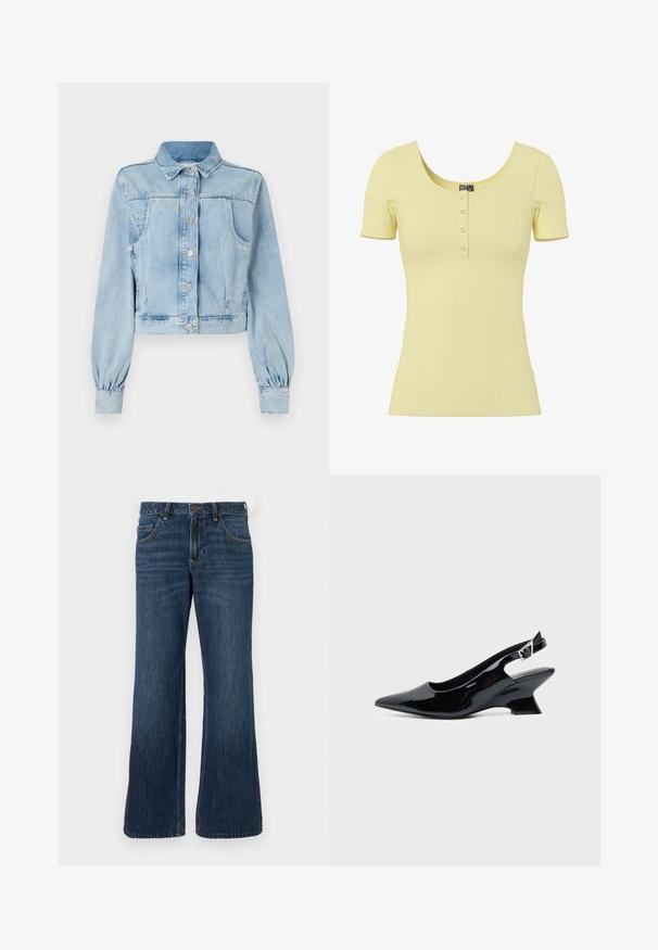 Lyseblå, cropped denimjakke med knaplukning foran, krave, to brystlommer og samlede ærmer. Blød tekstur og klassisk design.; Lysegul ribbet kortærmet top med rund halsudskæring og fire små sølvfarvede trykknapper midt foran.; Mørkeblå jeans med vide ben og klassisk design med fem lommer, der har knaplukning og diskret falming. Fremstillet af denimstof.; Sort laklæder slingback sko med spids tå og lav vinklet blokhæl på ensartet lys baggrund.