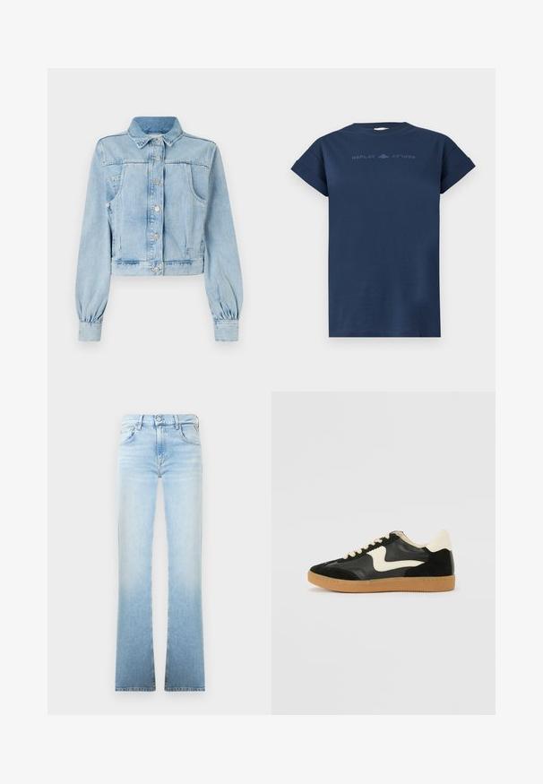 Lyseblå, cropped denimjakke med knaplukning foran, krave, to brystlommer og samlede ærmer. Blød tekstur og klassisk design.; Mørkeblå T-shirt med korte ærmer, opslåede manchetter og subtil tekst "REPLAY" spejlet på tværs af brystet.; Lysblå denim flared jeans med en gradvis farvefade, fem-lomme design og en knaplukning ved taljen. Glat tekstur og rene linjer.; Sorte ruskinds- og lædersneakers med en cremefarvet side-swoosh og lys cremefarvet hæl. Har beige snørebånd og en gummirubber-sål.