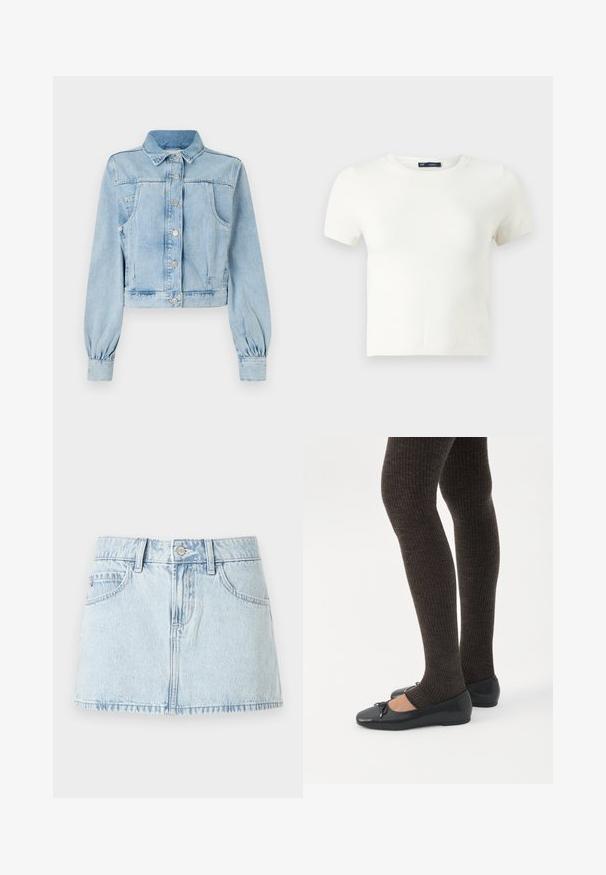 Lichtblauwe cropped denimjas met een knoopsluiting aan de voorkant, kraag, twee borstzakken en gathered mouwen. Zachte textuur en klassiek ontwerp.; Witte korte mouwen t-shirt gemaakt van een zachte stof. Heeft een klassiek ronde hals ontwerp en een slanke pasvorm zonder zichtbare patronen of accenten.; Lichtblauwe denim mini-rok met een knoopsluiting aan de voorkant, riemlussen en voorzakken, getoond op een witte achtergrond.; Benen met donkere geribbelde leggings gecombineerd met zwarte ballerina's met kleine strikdetails op een witte achtergrond.
