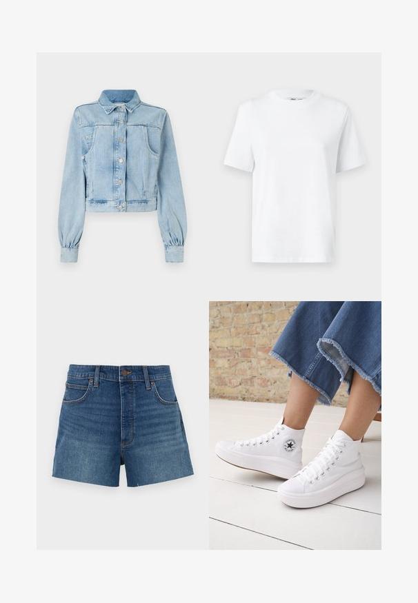 Hele sinine lühike denim-jakk nööbiga esiküljel, krae, kaks rinna taskut ja kogutud varrukad. Pehme tekstuur ja klassikaline disain.; Valge puuvillane ümarakaelusega T-särk, millel on lühikesed varrukad ja sile tekstuur. Kujundatud mugava ja mitmekesise istuvuse jaoks.; Keskmise sinise värviga teksapüksid lühikesed, kõrge vöökohaga, nelja taskuga ja õmblustega detailidega. Sile tekstuur klassikalise lõikega.; Isik kannab valgeid kõrge säärega Converse tossusid paksude talladega ning lühendatud äärega siniseid teksapükse telliskiviseina ja valge põranda taustal.