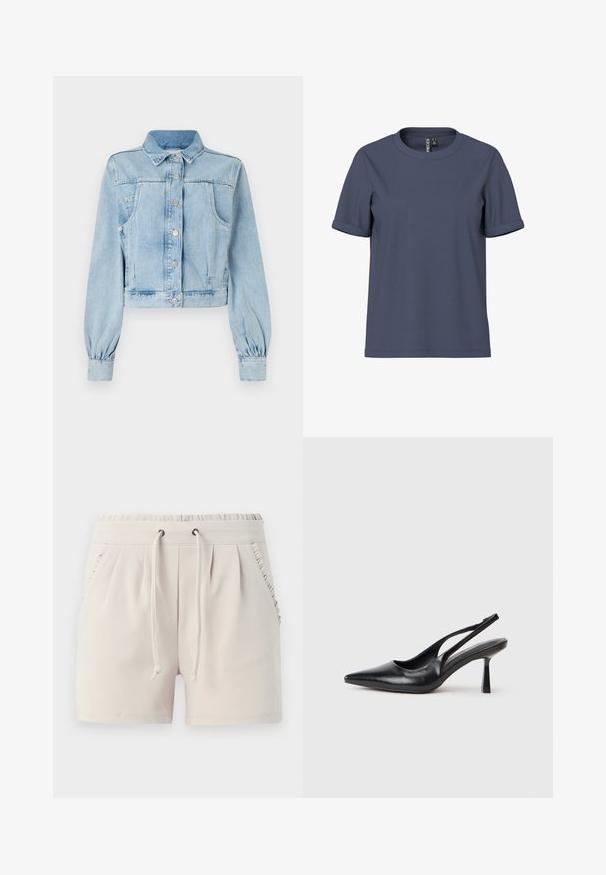 Lichtblauwe cropped denimjas met een knoopsluiting aan de voorkant, kraag, twee borstzakken en gathered mouwen. Zachte textuur en klassiek ontwerp.; Blauw katoenen T-shirt met korte mouwen, opgerolde manchetten en een ronde hals, getoond tegen een witte achtergrond.; Lichtbeige shorts met een elastische tailleband, trekkoord, zijzakken en ruches langs de zakranden. Zachte stofstructuur.; Zwarte leren slingback hoge hak schoenen met puntige neus en slanke hak op een witte achtergrond.
