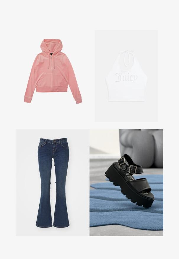 Roze velours zip-up hoodie met een kangoeroezak, verstelbare trekkoordkap en ribgebreide manchetten en zoom. Bevat een subtiele logodetail.; Witte haltertop gemaakt van zachte stof, met rhinestone tekst "Juicy" op de voorkant. Te strikken bij de nek voor een verstelbare pasvorm.; Uitlopende blauwe denim jeans gemaakt van katoen met een middelhoge taille, vijf-pocket ontwerp en contrasterende stiksels langs de naden.; Zwarte chunky platform sandaal met twee zilveren gespen op een blauw gestructureerd tapijt, op de achtergrond een wazige grijze sculptuur.
