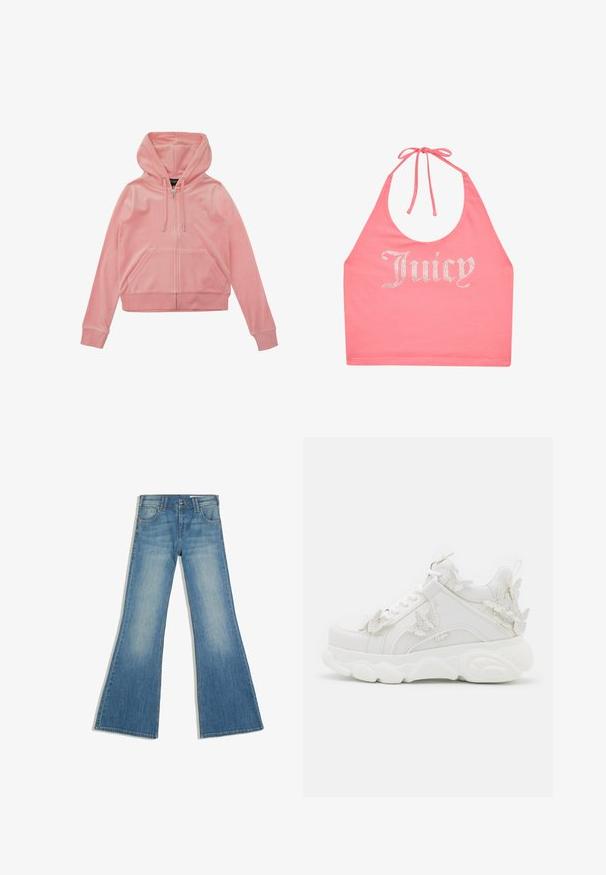 Roze velours zip-up hoodie met een kangoeroezak, verstelbare trekkoordkap en ribgebreide manchetten en zoom. Bevat een subtiele logodetail.; Roze haltertop met strik in de nek en strassletters die "Juicy" aan de voorkant spellen.; Blauwe spijkerbroek met uitlopende pijpen, voorzakken en knoopsluiting, afgebeeld tegen een witte achtergrond.; Witte chunky sneaker met dikke zool en decoratieve 3D vlinderaccenten aan de zijkant, veters en hiel.