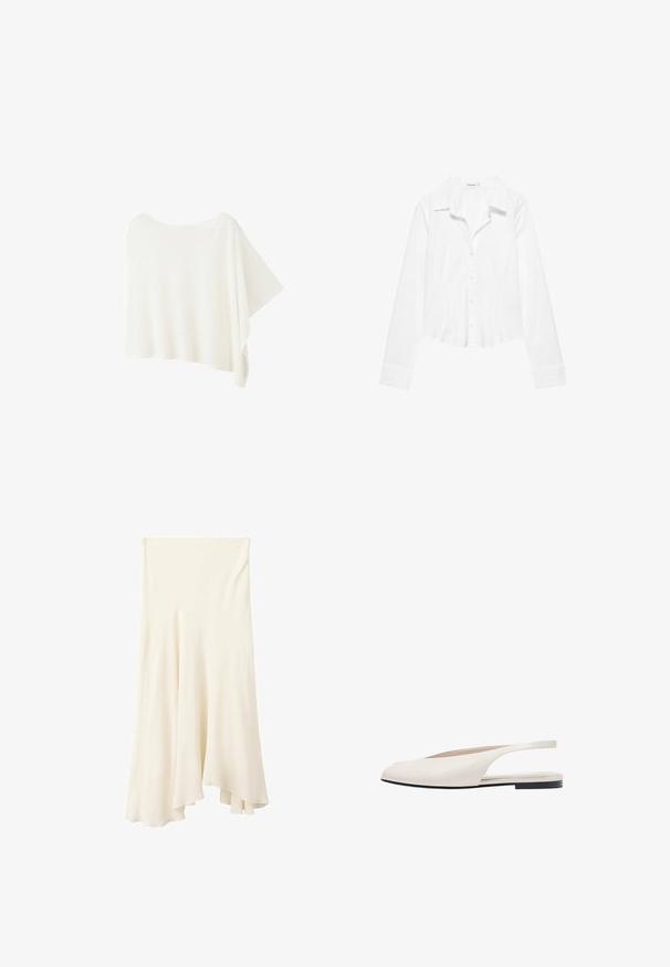 Poncho blanc asymétrique avec un large décolleté et un côté plus long drapé, fait en tissu léger.; Chemise blanche à manches longues avec col, taille légèrement cintrée et poignets boutonnés, présentée sur fond blanc.; Jupe midi fluide couleur crème avec un ourlet asymétrique et un tombé doux du tissu.; Chaussure plate slingback couleur crème avec bout pointu et semelle noire, design minimaliste, vue de côté sur fond blanc.