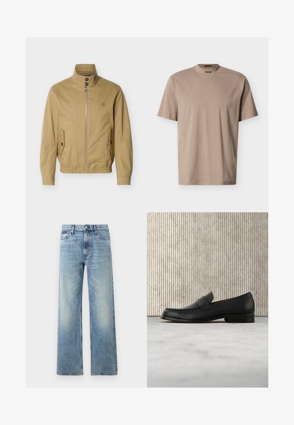 Veste beige à fermeture éclair avec col montant, deux poches avant à boutons, ourlet élastique et petit logo brodé sur la poitrine gauche.; T-shirt beige à manches courtes avec un col rond haut et le logo "BOSS" sur le col. Fabriqué en tissu doux avec une texture lisse.; Jean droit en denim bleu clair avec taille haute, cinq poches, fermeture à boutons et léger délavage sur les cuisses et les genoux.; Mocassin en cuir noir flottant au-dessus d'un tapis beige avec une table ronde brune brillante en arrière-plan.
