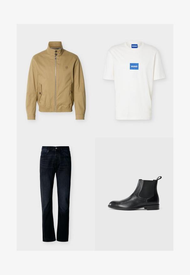 Veste beige à fermeture éclair avec col montant, deux poches avant à boutons, ourlet élastique et petit logo brodé sur la poitrine gauche.; T-shirt blanc à manches courtes avec col rond, orné d'un logo rectangulaire bleu portant l'inscription "HUGO" centré sur la poitrine et sur le col intérieur.; Jean droit couleur indigo foncé avec fermeture avant à boutons et zip, passants pour ceinture et design à cinq poches, présenté sur un fond clair uni.; Bottine en cuir noir avec des panneaux latéraux élastiques, bout rond et tirette. Texture lisse, semelle plate, design minimaliste.