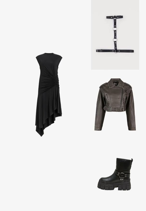 Gekürzte graue Kunstlederjacke mit Reverskragen, doppelt geknöpftem Design, Vorderreißverschluss und tailliertem Gürtel. Mit Seitentaschen.; Schwarzes ärmelloses Kleid mit gerafften Details an der Seite, ausgestattet mit einem asymmetrischen Saum, der elegant fällt. Weiche Stofftextur.; Schwarze Knöchelstiefel aus synthetischem Material, mit einer dicken, strukturierten Sohle, verstellbarem Riemen mit Ringdetail und glatter Oberfläche.; Schwarzer Kunstleder-Geschirr mit silbernen Metallringen und Nieten, ausgestattet mit verstellbaren Riemen, die in einem vertikalen und horizontalen Muster angeordnet sind.