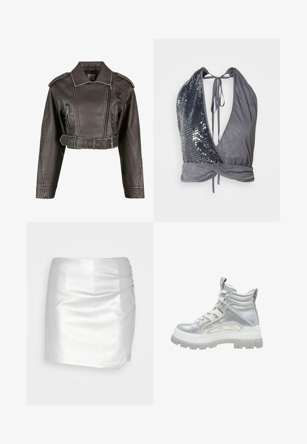 Gekürzte graue Kunstlederjacke mit Reverskragen, doppelt geknöpftem Design, Vorderreißverschluss und tailliertem Gürtel. Mit Seitentaschen.; Halterneck-Top aus grauem Stoff mit einem tiefen V-Ausschnitt. Eine Seite ist mit dunklen Pailletten besetzt, während die andere glatt ist und einen gebundenen Rückendetail hat.; Even&Odd by Zalando Shorts - silver; Silberne metallische High-Top-Stiefel mit dicker weißer Lauffläche, Schnürung auf der Vorderseite und gepolstertem Knöchelkragen auf einem weißen Hintergrund.