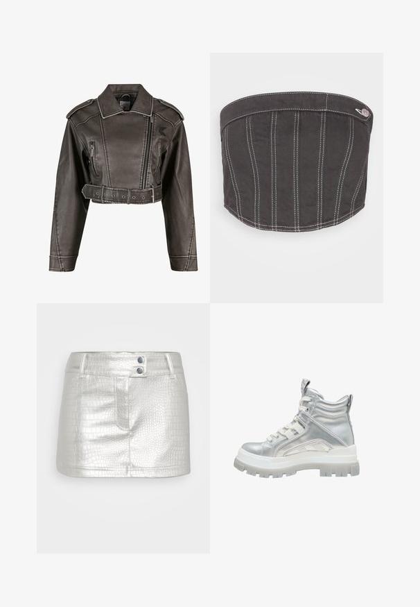 Gekürzte graue Kunstlederjacke mit Reverskragen, doppelt geknöpftem Design, Vorderreißverschluss und tailliertem Gürtel. Mit Seitentaschen.; NA-KD CONTRAST STITCHING CORSET - Top - dark grey; Silberner, Kunstlederrock mit strukturiertem Krokodilmuster, ausgestattet mit zwei blauen Knopfakzenten und einem figurschmeichelnden Design.; Silberne metallische High-Top-Stiefel mit dicker weißer Lauffläche, Schnürung auf der Vorderseite und gepolstertem Knöchelkragen auf einem weißen Hintergrund.