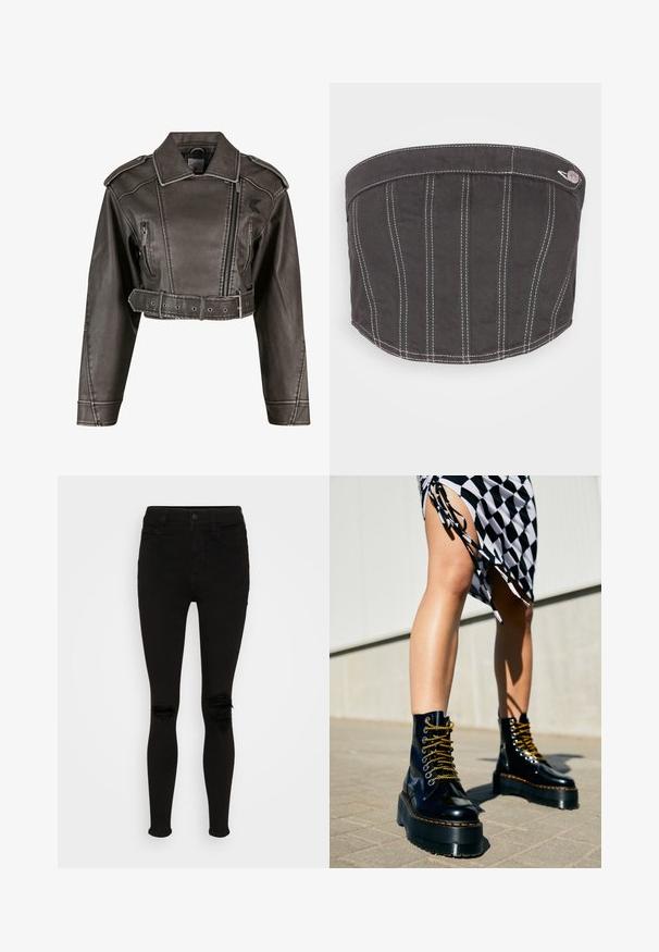 Getailleerde grijze nepleren jas met een uitgesneden kraag, dubbelzijdig ontwerp, vooraan een ritssluiting en een ceintuur in de taille. Voorzien van zijzakken.; NA-KD CONTRAST STITCHING CORSET - Top - dark grey; American Eagle SUPER HIGH RISE - Jeggings - black wash; Zwarte leren platformlaarzen met chunky zolen, gouden veters en oranje stiksels, gecombineerd met een geruite rok met een zijformulier.