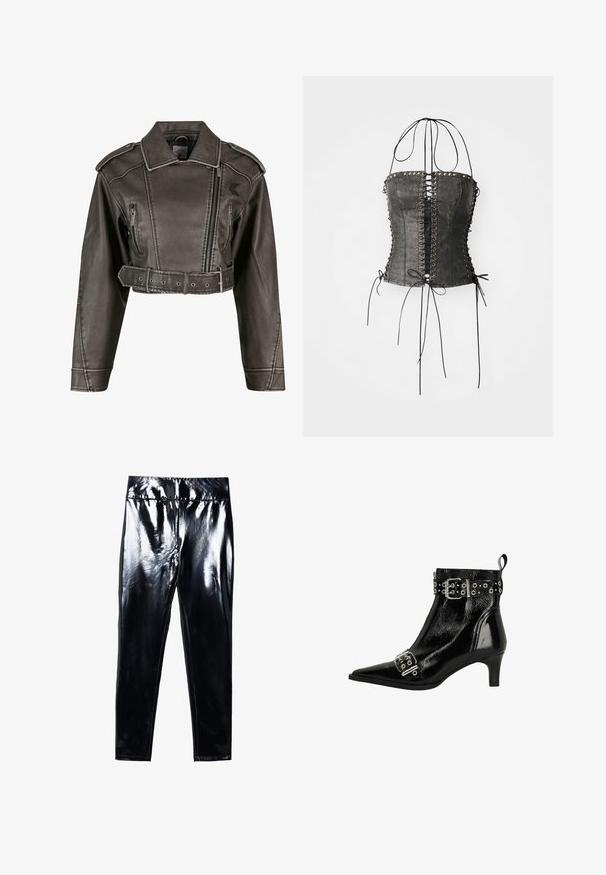 Getailleerde grijze nepleren jas met een uitgesneden kraag, dubbelzijdig ontwerp, vooraan een ritssluiting en een ceintuur in de taille. Voorzien van zijzakken.; Jaded London LONGLINE LACE UP HALTER CORSET - Top - black; Zwarte leggings met hoge glans, gekenmerkt door een glanzend, glad oppervlak. Elastische tailleband en een figuurvormig ontwerp met een taps toelopende pijp.; Zwarte enkellaars van lakleer met een puntige neus, zilveren gespen, een gespijkerde riem en een hak van 5 cm. Voorzien van een trekhaak aan de achterkant.