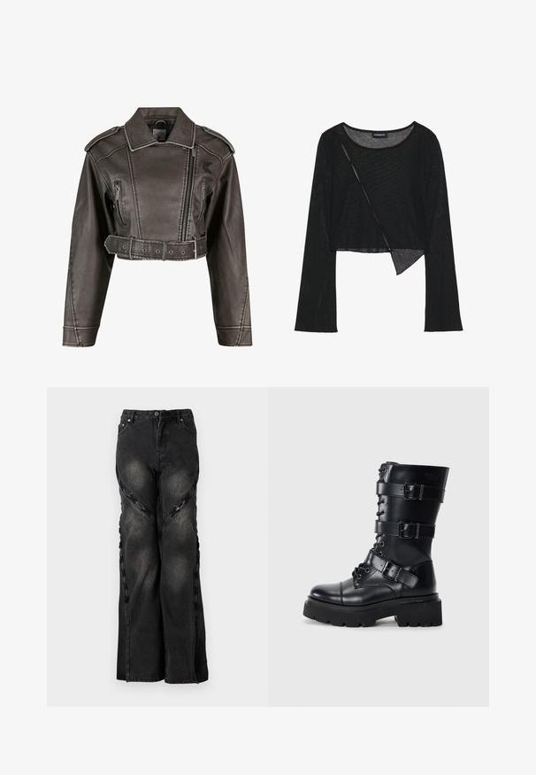 Gekürzte graue Kunstlederjacke mit Reverskragen, doppelt geknöpftem Design, Vorderreißverschluss und tailliertem Gürtel. Mit Seitentaschen.; Schwarzes langärmliges Crop-Top aus leichtem, durchsichtigem Stoff. Mit Rundhalsausschnitt und asymmetrischem Saum mit leichter Textur.; Schwarze Denim-Jeans mit weitem Bein, versehen mit Kettenakzenten entlang der seitlichen Nähte und einem Knopf- sowie Reißverschluss am Bund.; Schwarze Lederkniehohe Stiefel mit Schnürung und drei verstellbaren Schnallenriemen. Besitzt eine klobige, strukturierte Gummisohle für zusätzlichen Grip.