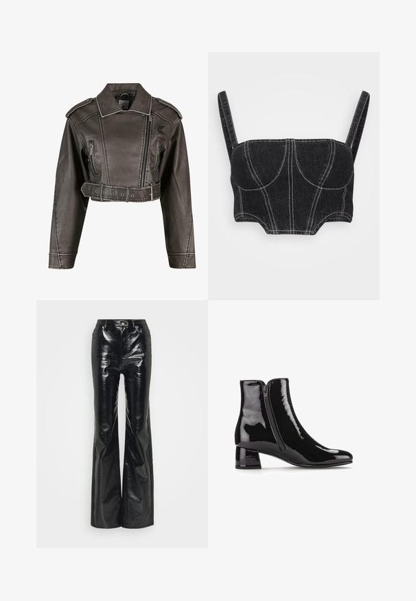 Afskåret grå faux læderjakke med spidse kraver, dobbeltknapsdesign, frontlynlås og bælte i taljen. Har sidelommer.; Sort denim crop top med tynde stropper, der har hvid syning, struktureret korpus og buede sømme. Glat tekstur og tætsiddende design.; Sorte faux læder flare bukser med en blank finish, der har en høj talje, forlommer og sølvfarvede hardware-detaljer.; Sorte patentlæder ankelstøvler med spids tå, lynlås i siden og blokhæl. Glat tekstur med en højglansfinish.