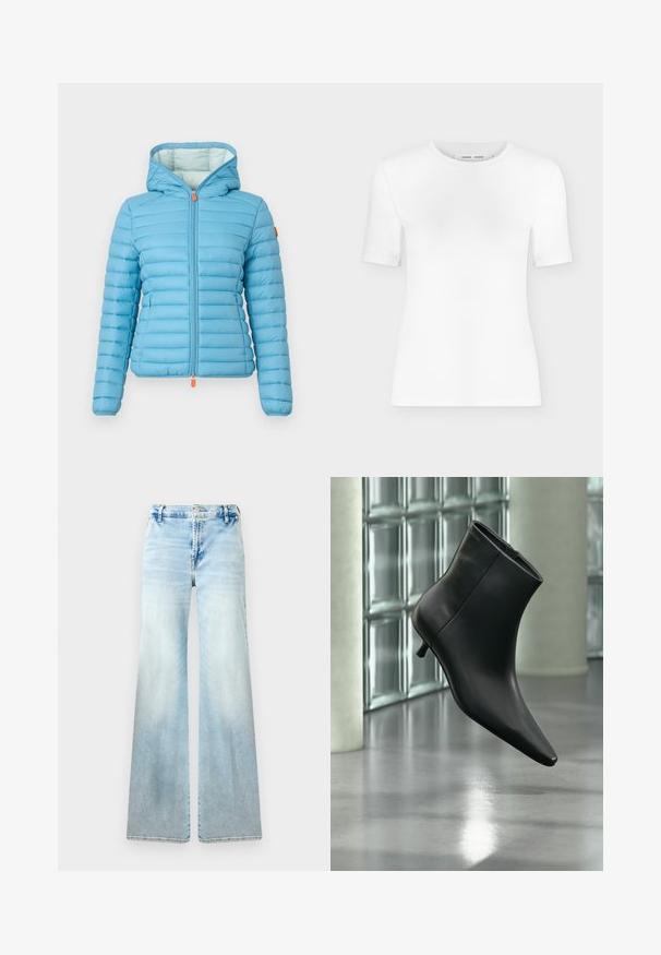 Veste matelassée bleu clair avec un design à côtes horizontales, capuche réglable et fermeture éclair à l'avant avec un tirette orange. Doublure intérieure douce.; T-shirt blanc à manches courtes avec col rond, coupe slim et texture de tissu côtelé, présenté sur un fond uni gris clair.; Jean évasé bleu clair en denim. Présente un délavage, des poches standard et une fermeture à bouton à la taille.; Bottine en cuir noir à bout pointu et petit talon kitten, présentée en angle devant un sol poli et un mur en blocs de verre.