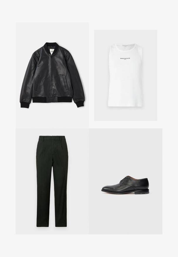 Veste bomber en cuir noir avec fermeture éclair à l'avant, col, poignets et taille en côtes, et deux poches verticales fentes sur fond blanc.; Débardeur blanc côtelé sans manches avec l’inscription « MAISON KITSUNÉ PARIS » imprimée en noir, centrée sur la poitrine.; Pantalons noirs avec une coupe droite, devant plat et poches latérales. Fabriqués à partir d'un tissu texturé avec une finition lisse.; Chaussure Oxford en cuir noir avec lacets fermés, bout rond et petit talon sur fond blanc uni.