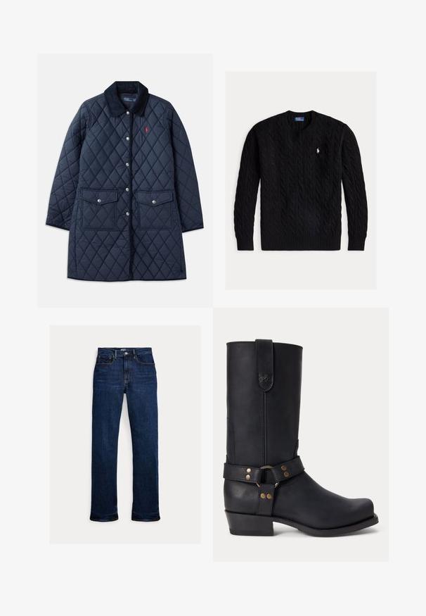 Abrigo acolchado de color navy con patrón de diamantes, cuello de pana, botones a presión, dos bolsillos frontales y un pequeño logo rojo en el lado izquierdo del pecho.; Jersey negro de punto trenzado con cuello redondo, mangas largas y un pequeño logo blanco de Polo Ralph Lauren en el pecho.; Vaqueros de mezclilla azul oscuro de pernera recta con botón y cremallera delanteros, diseño de cinco bolsillos y detalles de costuras visibles.; Bota negra de cuero hasta la mitad de la pantorrilla con tacón bajo, puntera redondeada y correa decorativa con remaches metálicos y anilla alrededor del tobillo.