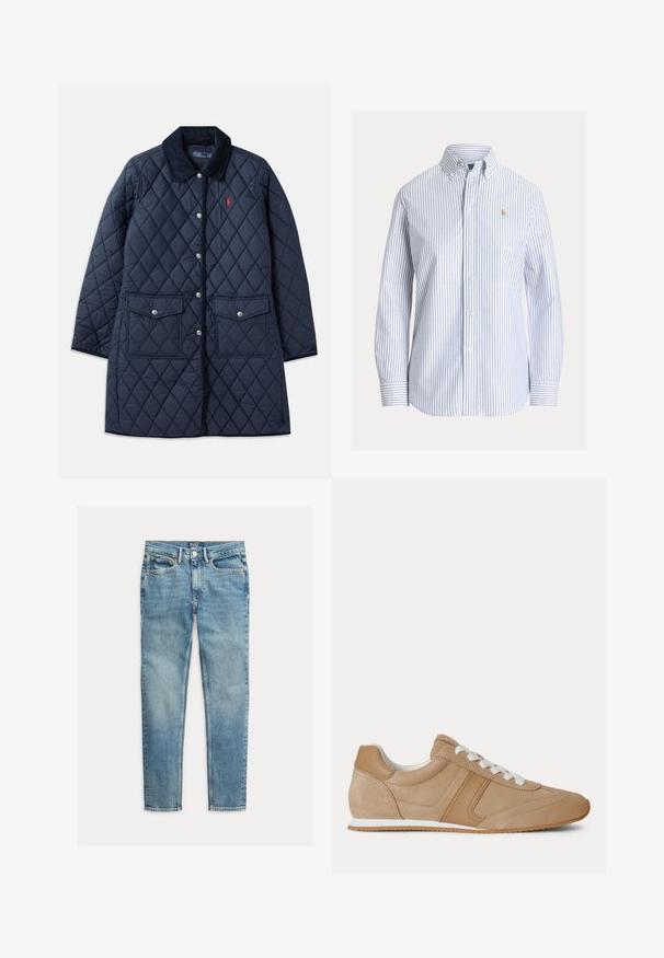 Marineblauwe gewatteerde jas met ruitpatroon, corduroy kraag, drukknoopsluiting, twee voorzakken en een klein rood logo op de linkerkant van de borst.; Wit overhemd met verticale lichtblauwe strepen, knoopkraag en klein geborduurd logo op de linkerborst.; Lichtblauwe slim-fit jeans met vijf zakken en knoopsluiting, plat gelegd op een witte achtergrond.; Lichtbruine suède en leren lage sneaker met witte veters en een witte rubberen zool, zijaanzicht op een witte achtergrond.
