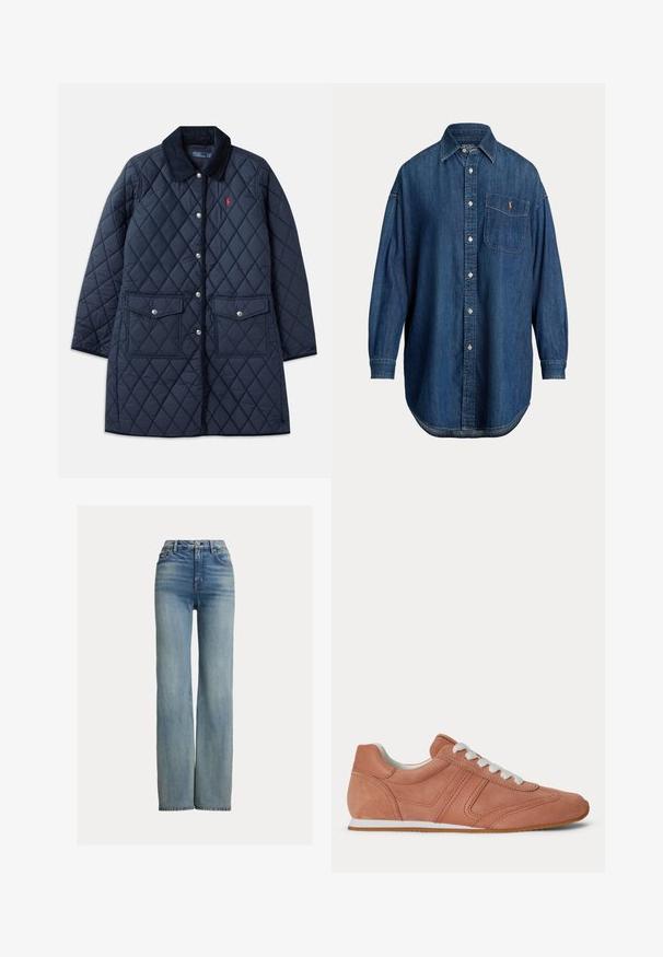 Abrigo acolchado de color navy con patrón de diamantes, cuello de pana, botones a presión, dos bolsillos frontales y un pequeño logo rojo en el lado izquierdo del pecho.; Camisa de mezclilla azul de manga larga con botones, bolsillo en el pecho con pequeño logo bordado y cuello clásico.; Vaqueros azul de tiro alto y pierna recta, con bolsillos frontales, pasadores de cinturón y cierre de botón, con sutiles detalles desgastados.; Zapatilla de perfil bajo en rosa empolvado con cordones blancos, diseño cosido y suela fina blanca con suela exterior de goma marrón claro.