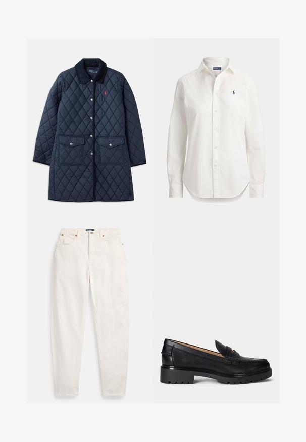 Abrigo acolchado de color navy con patrón de diamantes, cuello de pana, botones a presión, dos bolsillos frontales y un pequeño logo rojo en el lado izquierdo del pecho.; Camisa blanca de manga larga con botones, cuello y pequeño logo azul de jugador de polo en el pecho izquierdo.; Vaqueros blancos de tiro alto y pierna recta con botón y cremallera delanteros, diseño de cinco bolsillos y etiqueta de la marca Polo en la cintura.; Mocasín de cuero negro con suela gruesa y con relieve, tacón bajo y tira decorativa en la parte delantera.
