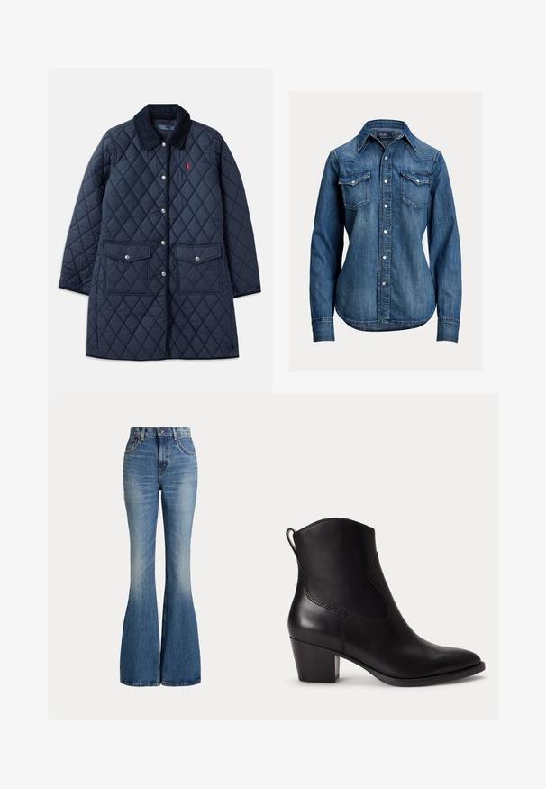 Marineblauwe gewatteerde jas met ruitpatroon, corduroy kraag, drukknoopsluiting, twee voorzakken en een klein rood logo op de linkerkant van de borst.; Blauw denim overhemd met lange mouwen, parelachtige drukknoopjes, twee borstflappen en een puntige kraag van Polo Ralph Lauren.; High waist blauwe spijkerbroek met uitlopende pijpen en lichte vervaging aan de voorkant van het bovenbeen, getoond tegen een witte achtergrond.; Zwarte leren enkellaars met lage blokhak, ronde neus en trekriem aan de achterkant tegen een effen witte achtergrond.