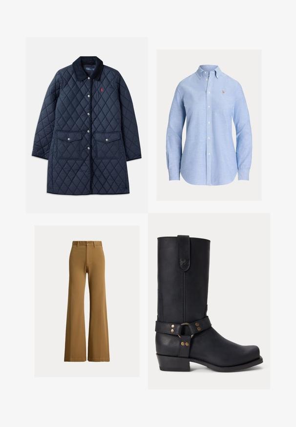 Abrigo acolchado de color navy con patrón de diamantes, cuello de pana, botones a presión, dos bolsillos frontales y un pequeño logo rojo en el lado izquierdo del pecho.; Camisa azul claro de manga larga con botones, cuello abotonado y pequeño logo bordado en el lado izquierdo del pecho.; Pantalones marrones de talle alto y pierna ancha con trabillas para cinturón, botón delantero y cierre de cremallera sobre un fondo claro.; Bota negra de cuero hasta la mitad de la pantorrilla con tacón bajo, puntera redondeada y correa decorativa con remaches metálicos y anilla alrededor del tobillo.