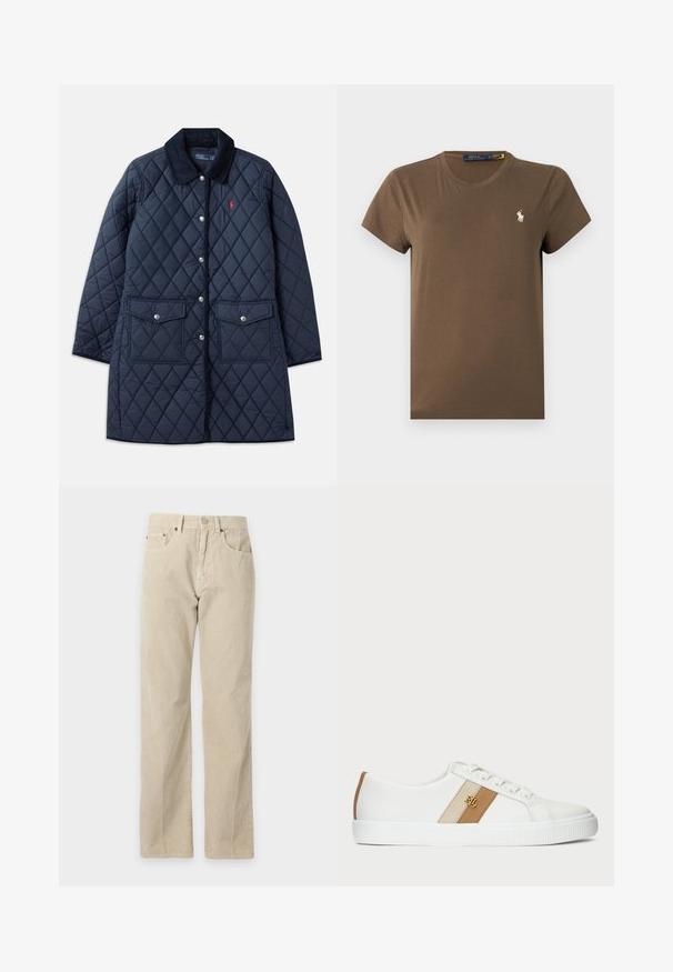 Abrigo acolchado de color navy con patrón de diamantes, cuello de pana, botones a presión, dos bolsillos frontales y un pequeño logo rojo en el lado izquierdo del pecho.; Camiseta de algodón marrón con cuello redondo clásico, mangas cortas y un pequeño logo blanco en el pecho. Textura suave, ajuste regular.; Pantalones de pana beige de corte recto con bolsillos delanteros, trabillas para cinturón y cierre de botón, mostrados sobre un fondo liso.; zapatilla blanca de corte bajo con cordones en la parte delantera, franjas laterales en beige y marrón claro, y logo dorado de RL en el lateral.