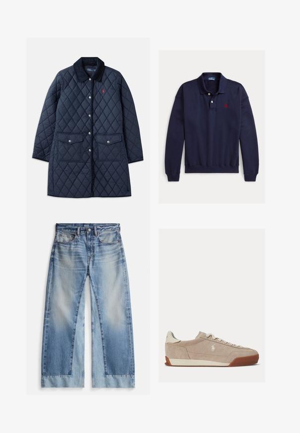 Abrigo acolchado de color navy con patrón de diamantes, cuello de pana, botones a presión, dos bolsillos frontales y un pequeño logo rojo en el lado izquierdo del pecho.; Polo de manga larga azul marino con dos botones blancos y logotipo rojo bordado en el pecho izquierdo sobre fondo blanco.; Vaqueros de pierna ancha color azul claro con lavado desteñido, que cuentan con dos bolsillos delanteros, bragueta con botones y bajos deshilachados. Confeccionados en tela de denim.; Zapatilla baja de ante beige con cordones blancos, logo blanco en el lateral y suela de goma marrón.
