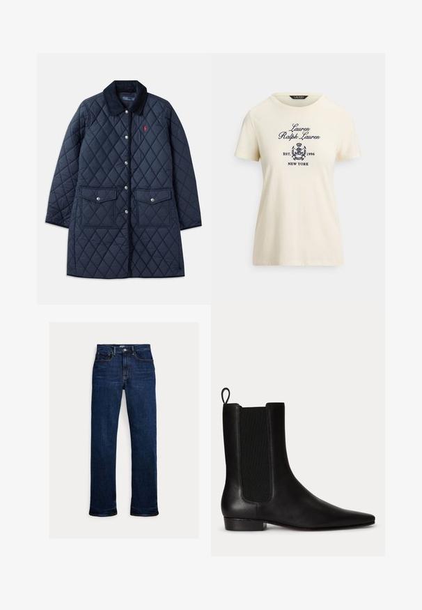 Abrigo acolchado de color navy con patrón de diamantes, cuello de pana, botones a presión, dos bolsillos frontales y un pequeño logo rojo en el lado izquierdo del pecho.; Camiseta de algodón color crema con mangas cortas y cuello redondo. Presenta un logo bordado en azul marino y texto: "Lauren Ralph Lauren EST. 1996 NEW YORK."; Vaqueros de mezclilla azul oscuro de pernera recta con botón y cremallera delanteros, diseño de cinco bolsillos y detalles de costuras visibles.; Botín de cuero negro con panel lateral elástico, tira de sujeción en la parte trasera, tacón bajo y puntera puntiaguda.