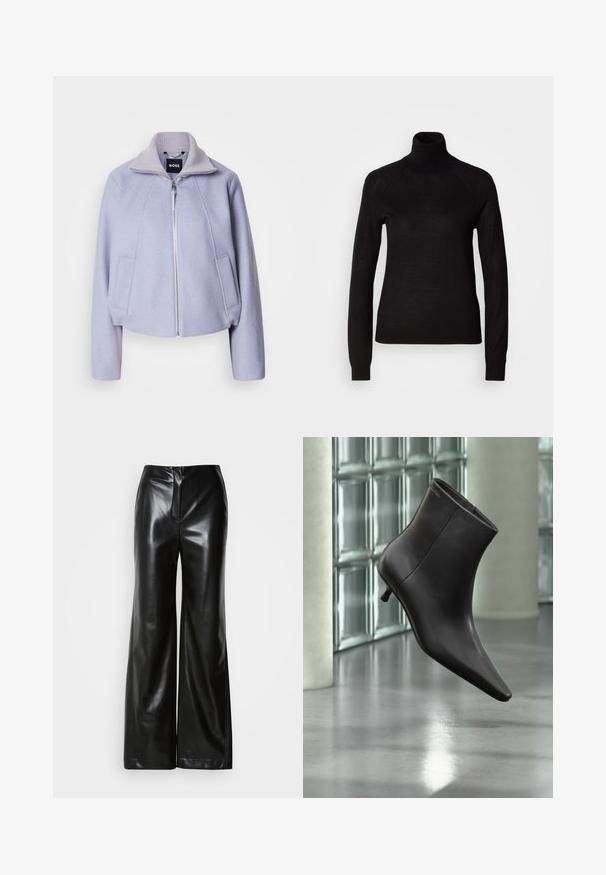 Licht lila cropped jack van zacht materiaal, met een hoge kraag, ritssluiting en twee voorzakken met een strakke uitstraling.; Zwarte coltrui gemaakt van een lichte gebreide stof. Beschikt over lange mouwen en een aansluitende snit met raglan naden.; Zwarte leren wijde broek met een gladde textuur, hoge taille en een verborgen ritssluiting aan de voorkant. Tailored fit met een nette afwerking.; Zwarte leren enkellaars met puntige neus en lage hak, afgebeeld tegen een glazen blokkenmuur en gepolijste vloer op de achtergrond.