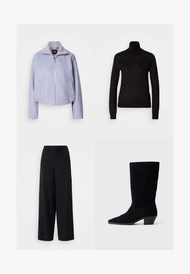 Lys lila cropped jakke lavet af blød stof, med høj krave, lynlåslukning og to frontlommer med et rent design.; Sort turtleneck sweater lavet af et let strikket stof. Har lange ærmer og en tætsiddende silhuet med raglan-sømme.; Sorte brede bukser lavet af glat stof, med en flad front, plisserede detaljer og bæltestropper i taljen.; Sort ruskind ankelstøvle med spidse tæer, mellemhøj skaft og en chunky hæl. Fuldender et minimalistisk design med lidt syninger og en glat tekstur.