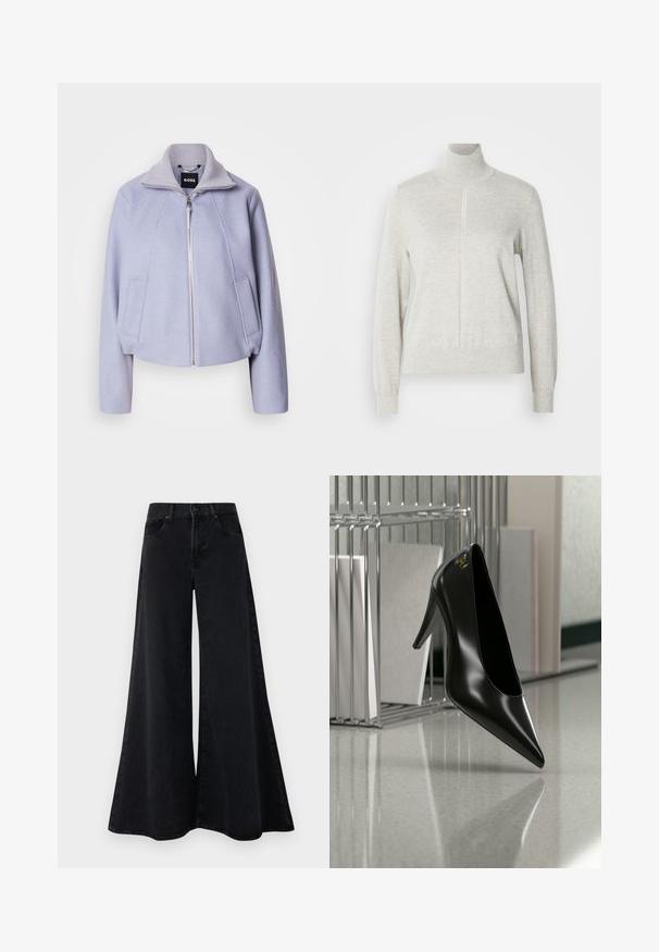 Licht lila cropped jack van zacht materiaal, met een hoge kraag, ritssluiting en twee voorzakken met een strakke uitstraling.; Lichtgrijze trui met een hoge kraag en een kwart rits. Gemaakt van een zacht, gevarieerd materiaal, met lange mouwen en een strakke zoom.; Zwarte spijkerbroek met wijde pijpen en een hoge taille, voorzien van een knoopsluiting en zijzakken. Gladde textuur, zonder zichtbare patronen of accenten.; Zwart hooggehakt schoen met puntige neus en gouden logo, geplaatst op een reflecterend oppervlak naast een verchroomde draadordner met documenten.