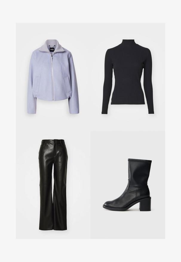 Lys lila cropped jakke lavet af blød stof, med høj krave, lynlåslukning og to frontlommer med et rent design.; Sort ribbet turtle-sweater med lange ærmer. Lavet af strækbart stof med en tætsiddende pasform og høj krave. Enkel design uden udsmykninger.; Sorte bukser i bredt snit af imiteret læder med en glat tekstur, lynlås foran og bæltestropper; minimalistisk design uden synlige mønstre eller detaljer.; Sort læder ankelstøvle med rund tå, glat tekstur og en grov hæl, der har et tætsiddende skaft og subtil syning.
