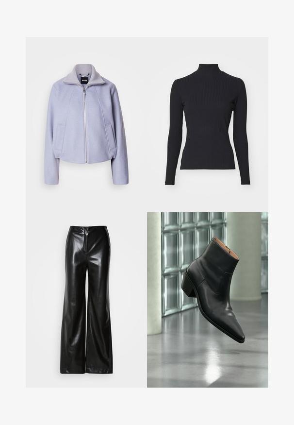 Licht lila cropped jack van zacht materiaal, met een hoge kraag, ritssluiting en twee voorzakken met een strakke uitstraling.; Zwarte geribde coltrui met lange mouwen. Gemaakt van rekbare stof met een getailleerde pasvorm en hoge kraag. Eenvoudig ontwerp zonder versieringen.; Zwarte leren wijde broek met een gladde textuur, hoge taille en een verborgen ritssluiting aan de voorkant. Tailored fit met een nette afwerking.; Zwarte leren enkellaars met een spitse neus en blokhak die zweeft boven een reflecterende grijze vloer nabij een glazen blokmuur.
