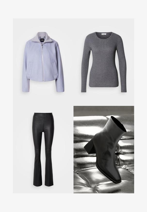 Licht lila cropped jack van zacht materiaal, met een hoge kraag, ritssluiting en twee voorzakken met een strakke uitstraling.; Langarmtop in donkergrijs, geribbelde structuur, ronde halslijn, nauwsluitende pasvorm, gemaakt van zachte, rekbare stof.; Zwarte flared broeken van glad, faux leer met een hoge tailleband en stiksel details boven de knie.; Zwarte enkellaarsjes van glanzend materiaal met een vierkante neus en taps toelopende hak, afgezet tegen een glanzende zilveren gecapitonneerde achtergrond.