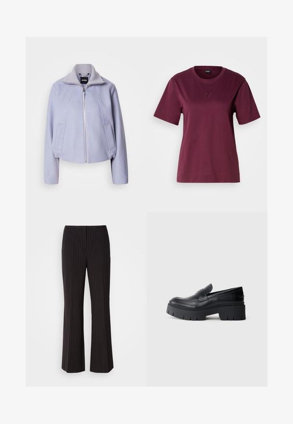 Licht lila cropped jack van zacht materiaal, met een hoge kraag, ritssluiting en twee voorzakken met een strakke uitstraling.; Bordeaux kortemouw T-shirt van zachte katoen, met een ronde halslijn en een geborduurd logo-detail op de borst.; Zwarte gestreepte wijde broek met een gladde stof, voorzien van een middelhoge tailleband en een strakke voorkant. Geen zichtbare zakken.; Zwarte chunky platform loafers met een soepel leren bovenwerk, decoratieve band en dikke gestructureerde zool op een witte achtergrond.
