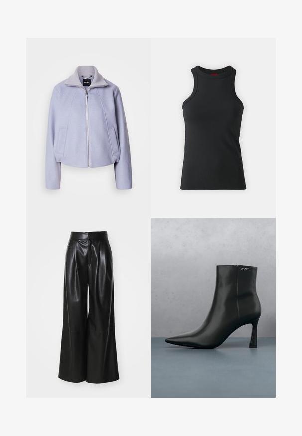 Lys lila cropped jakke lavet af blød stof, med høj krave, lynlåslukning og to frontlommer med et rent design.; Sort ærmeløs tanktop lavet af strækbart stof. Har en rund hals og en tætsiddende silhuet med minimale syninger.; Sorte faux læder brede bukser med høj talje, plisseret foran og glat tekstur. Har et rent, minimalistisk design.; Sort læder ankelstøvle med spids tå og geometrisk hæl. Har subtil branding og en glat overflade. Baggrunden består af strukturerede fliser.