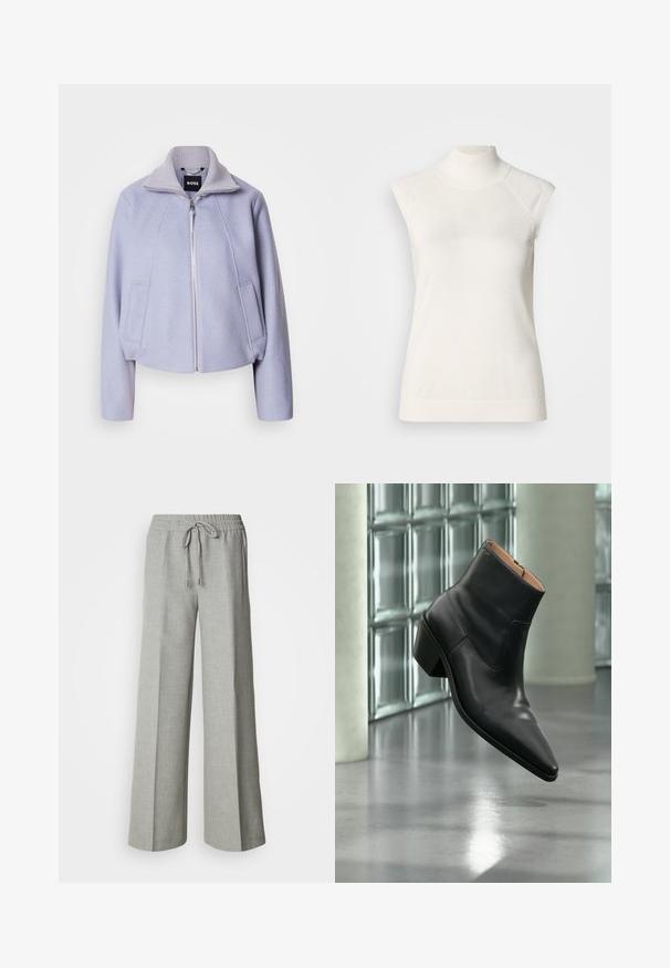 Helle lilafarbene, kurz geschnittene Jacke aus weichem Stoff, mit hohem Kragen, Reißverschluss und zwei vorderen Taschen im schlichten Design.; Ärmelloses weißes Turtleneck-Oberteil aus weichem Material; verfügt über einen figurbetonten Schnitt mit hohem Kragen und subtiler gerippter Struktur am Saum.; Hellgraue Hosen mit weitem Bein, elastischem Bund und Kordelzug, Fronttaschen und einem dezenten strukturierten Stoff.; Schwarzer Leder-Stiefelette mit spitzer Schuhspitze und Blockabsatz, der über einem reflektierenden grauen Boden nahe einer Glassteinwand schwebt.