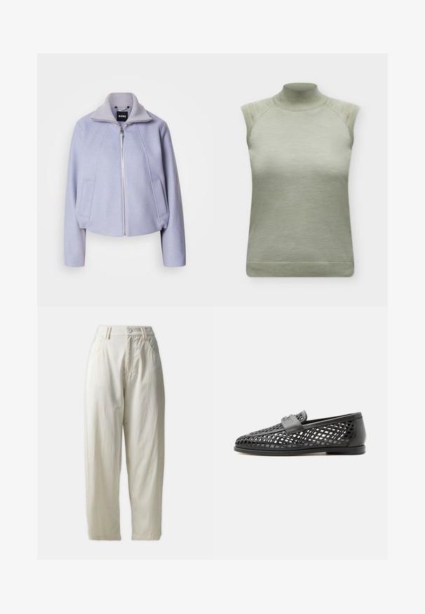 Lys lila cropped jakke lavet af blød stof, med høj krave, lynlåslukning og to frontlommer med et rent design.; Ærmeløs lys grøn striktop med høj rullekrave og ribkanter på skuldre og kant.; Lys beige høj talje bukser i en afslappet pasform. Fremstillet af glat bomuldsstof med to frontlommer og en enkelt knaplukning.; Sort læderloafer med åbent gitternet design og en læderrem over toppen, sat mod en ensartet lys baggrund.