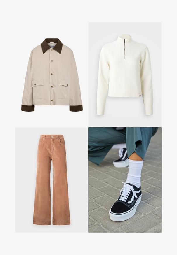 Noisy May Short - Let jakke / Sommerjakker - silver; Hvid, sweater med lynlås ved halsen og lange ærmer. Lavet af et blødt strikmateriale, med ribbede manchetter og kant. Diskret mærke-logo ved kanten.; Lysebrune vide ben corduroy bukser med frontknap og lynlåslukning, bæltestropper og forlommer på hvid baggrund.; Sorte ruskinds sneakers med hvide accenter og snørebånd, der har en tyk hvid sål og kontrasterende syninger, parret med en hvid sok.