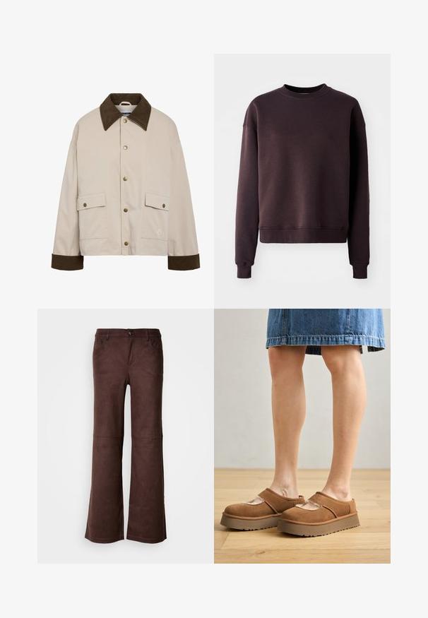 Noisy May NMNORA COLLAR JACKET - Let jakke / Sommerjakker - silver; Mørkebrun sweatshirt i en blød bomuldsblanding med rund hals, lange ærmer og ribbede kanter og kant for et tætsiddende udseende.; Brune flagrende bukser i et blødt, suede-lignende stof. Har fire lommer, en knaplukning og en glat, tekstureret overflade.; Brune ruskindsplatformsko med en rund tå, udskæringer og en solid sål, ledsaget af en denimnederdel i en indstilling med trægulv.