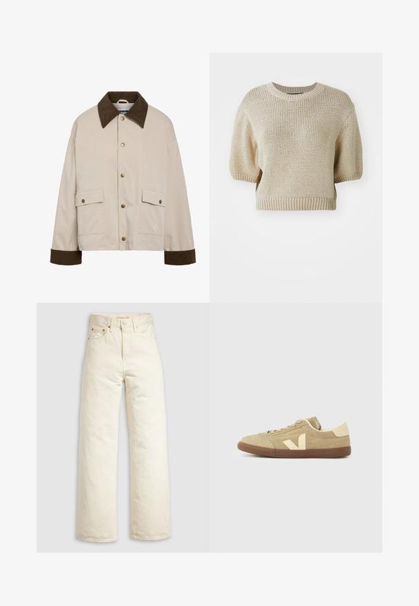 Noisy May Short - Let jakke / Sommerjakker - silver; Beige strikket kortærmet sweater med rund hals. Har en struktureret pasform med tekstureret, løst væv og ribbede kanter.; Vidbenede jeans i offwhite denim med høj talje, kobbernitter og klassisk design med fem lommer. Struktureret stof med rene kanter.; Lysebrun ruskindssneaker med creamfarvet "V"-logo på siden og brunt gummisål, vist i venstre profil på hvid baggrund.