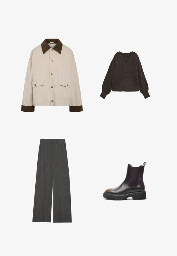 Noisy May Short - Let jakke / Sommerjakker - silver; Brun, chunky strikket sweater med V-hals, brede ærmer og ribbet kant. Blød tekstur, kort design, velegnet til lag-på-lag.; Bredde bukser i en charcoal grå ribbet stof, med en høj talje og lodrette striber for tekstur og detaljer.; Brune læder ankelstøvler med elastiske sidepaneler, kraftig sort gummisål, rund tå, kontrasterende syninger og trækstrop bagpå.