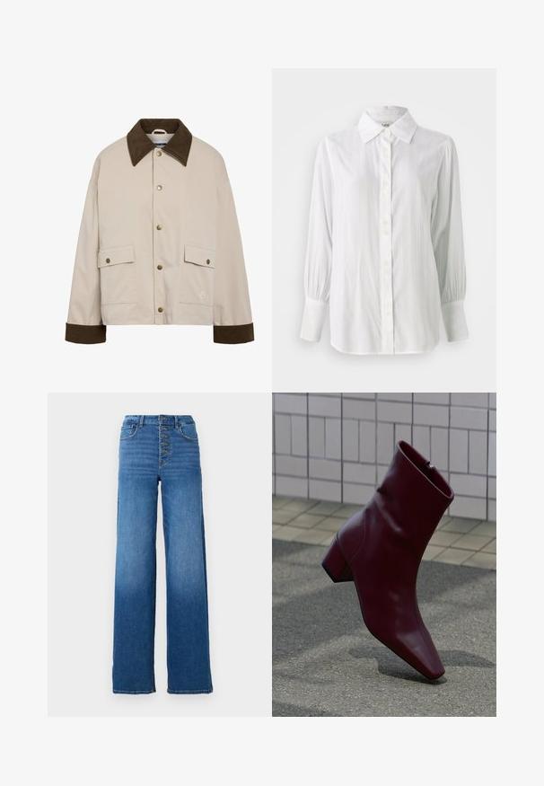 Noisy May Short - Lichte jas - silver; Witte blouse met verticale strepen, lange opgeblazen mouwen en een klassieke kraag. Voorzien van een rij van vijf knopen aan de voorkant.; Brede blauwe denim jeans met een hoge taille en vijf knopen. Kenmerkt zich door klassieke stiksels en een nette zoom.; Enkellaars van bordeauxrood leer met blokhak, puntige neus en zijrits, geplaatst tegen een betegelde muur en asfaltgrond.
