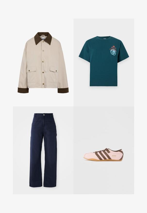 Noisy May Short - Lichte jas - silver; Donkerturquoise T-shirt met korte mouwen met de tekst "NYC City park tour" en een blauwe bloemenafbeelding op de linkerborst.; Navy blauwe wijde cargobroek van stevige katoen, met zijzakken en een knoopsluiting in de taille.; Lichtroze sneaker met bruine strepen, een bruine zool en een enkele klittenbandsluiting, tegen een effen lichtgrijze achtergrond.